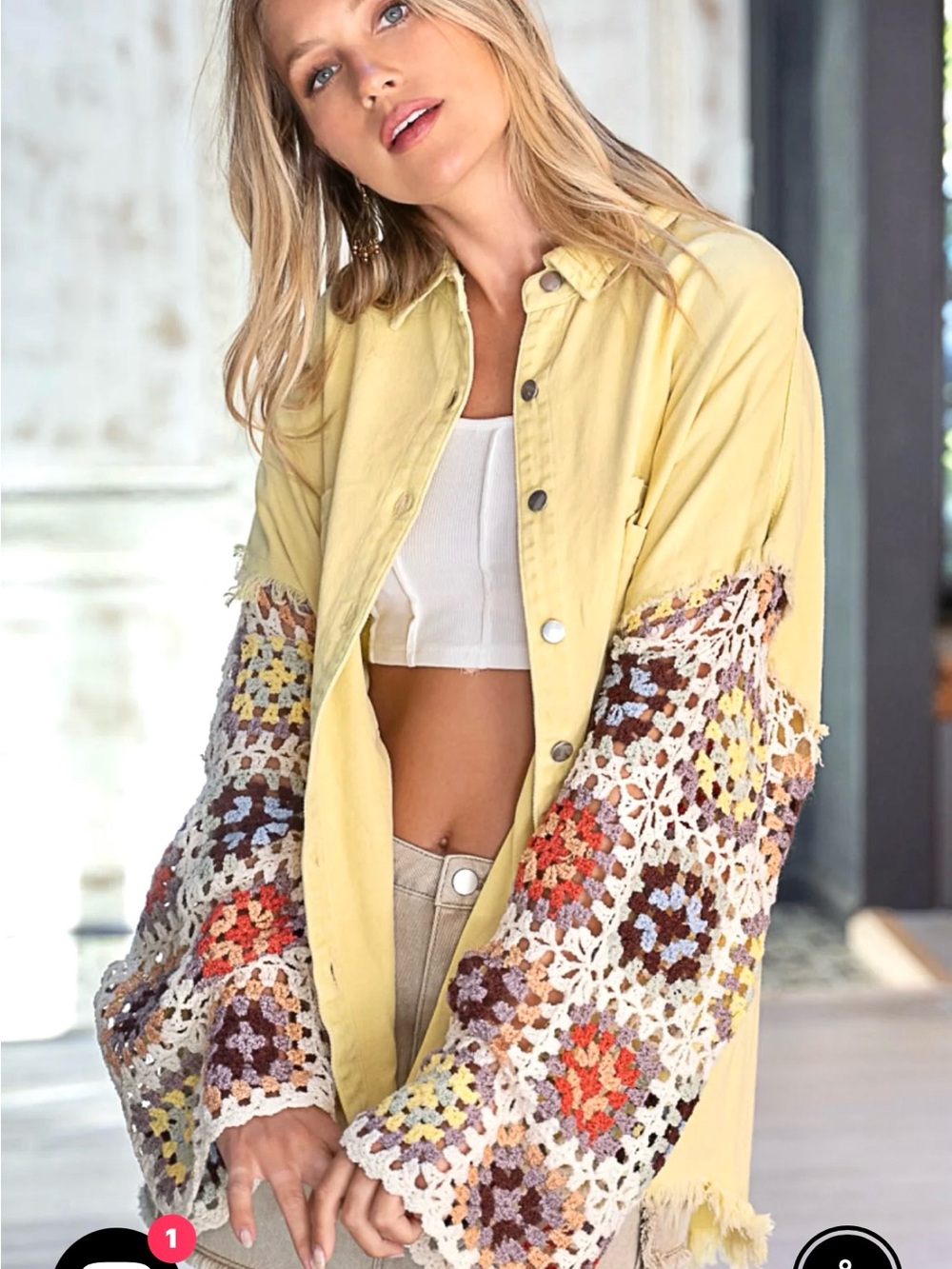 🆕#20~POL Lemonade Twill Shacket w/Crochet Sleeves, Size Med